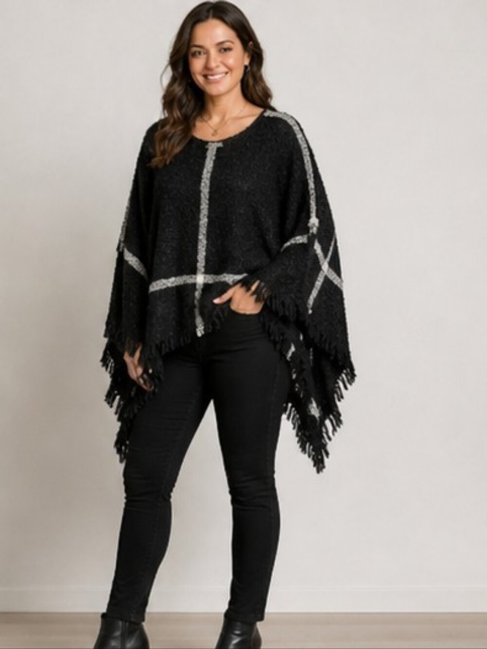 Ashley Stewart Black Poncho Sweater with Silver Windowpane Accents